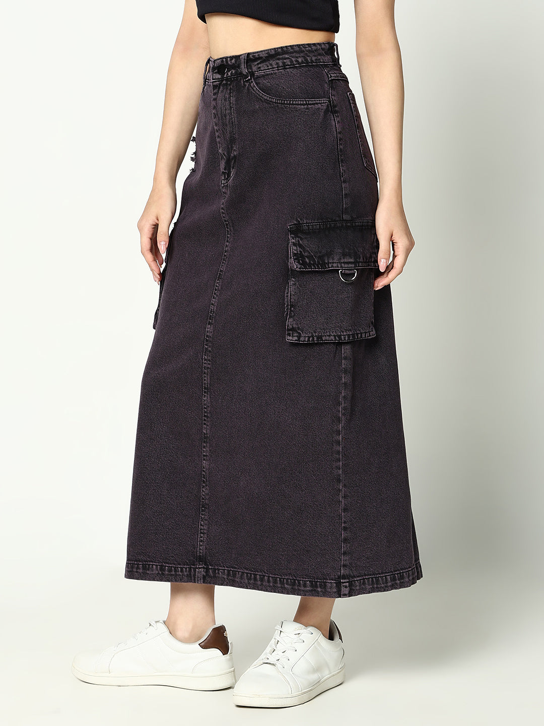 Women Solid Purple Straight Denim Skirt