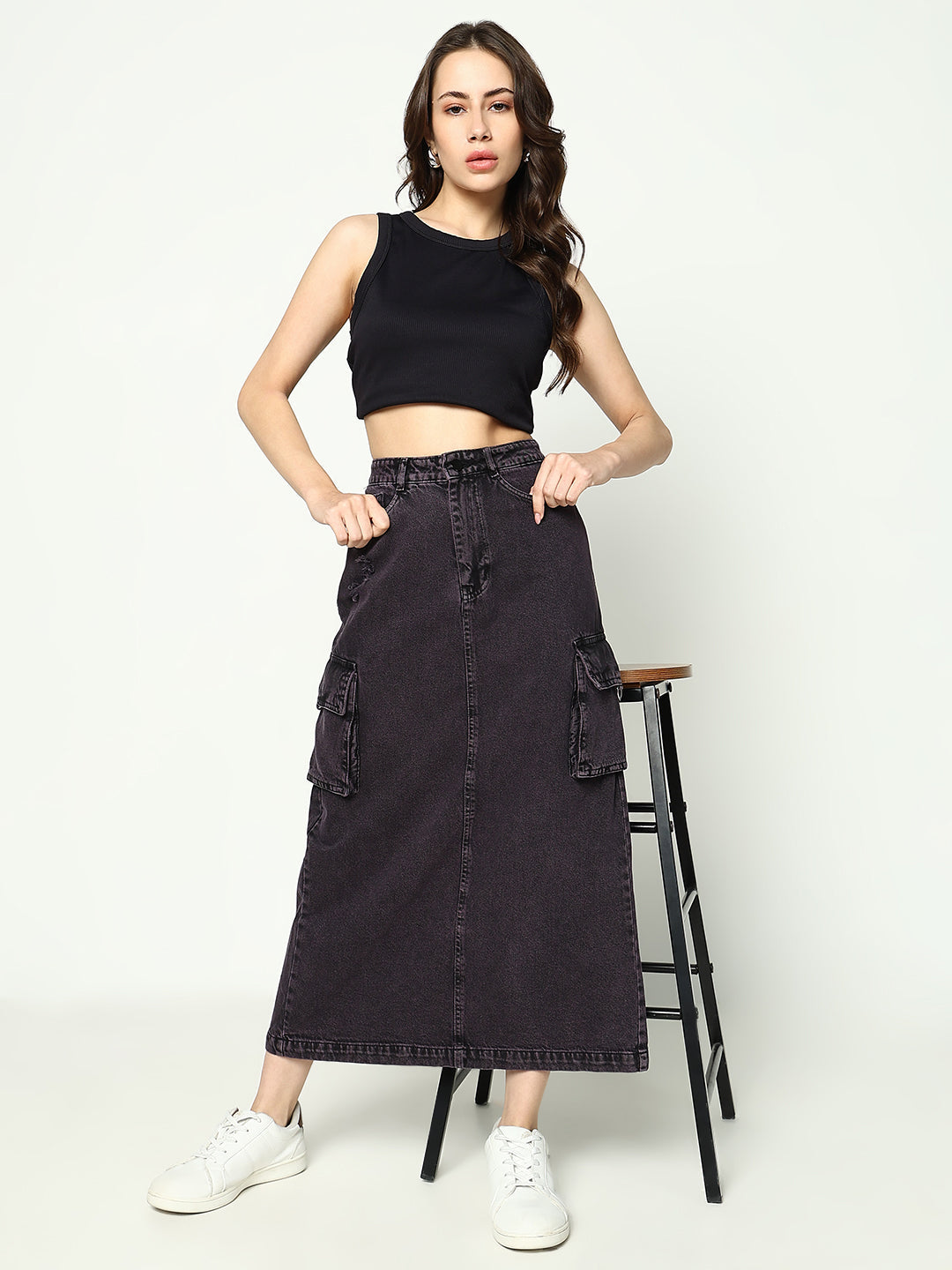 Women Solid Purple Straight Denim Skirt