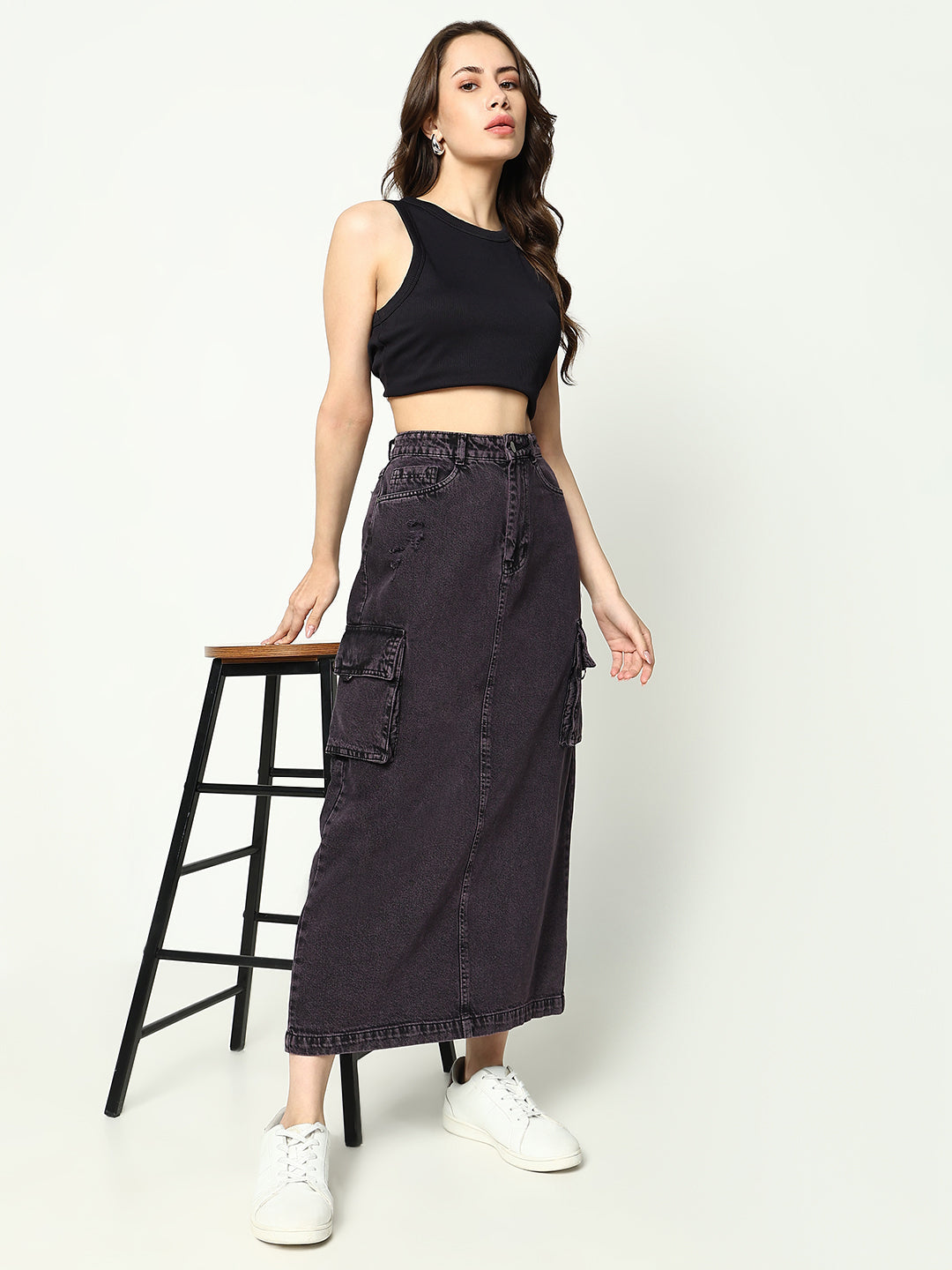 Women Solid Purple Straight Denim Skirt