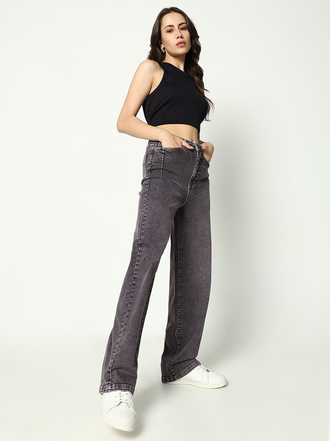 Women Solid Grey Wide Leg Jeans