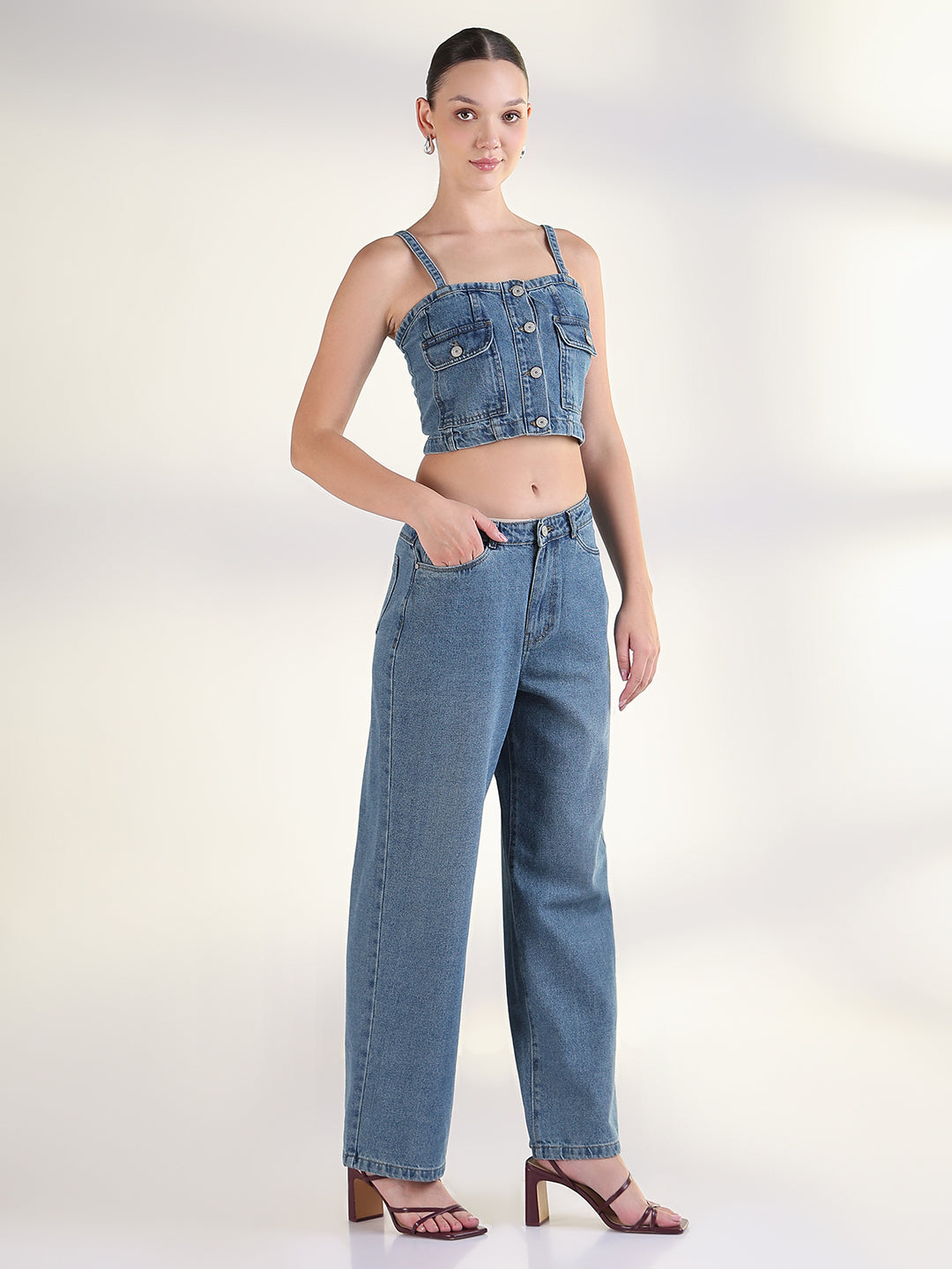 Women's Solid Blue Co-Ords Set with Jacket