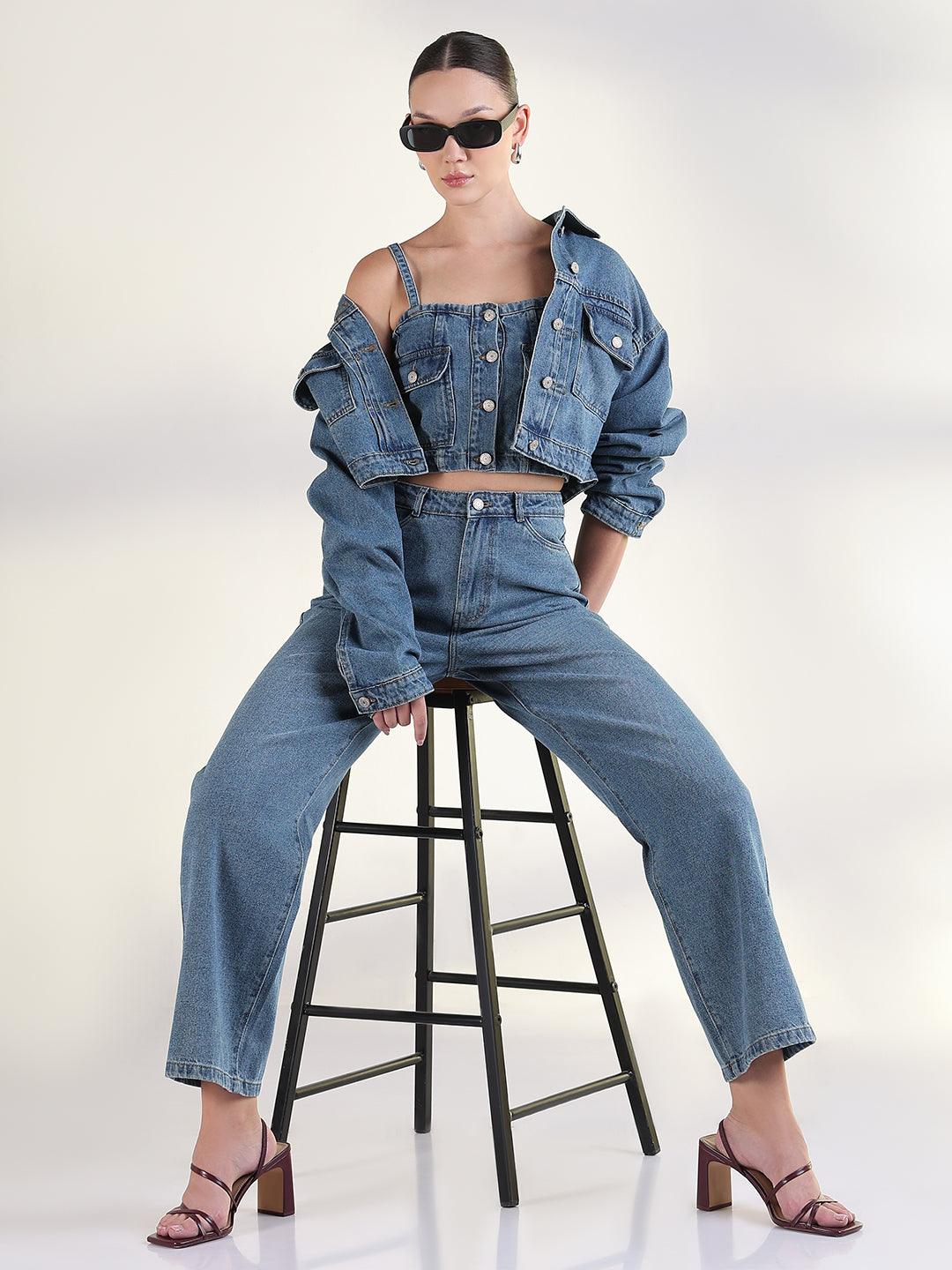 Women's Solid Blue Co-Ords Set with Jacket