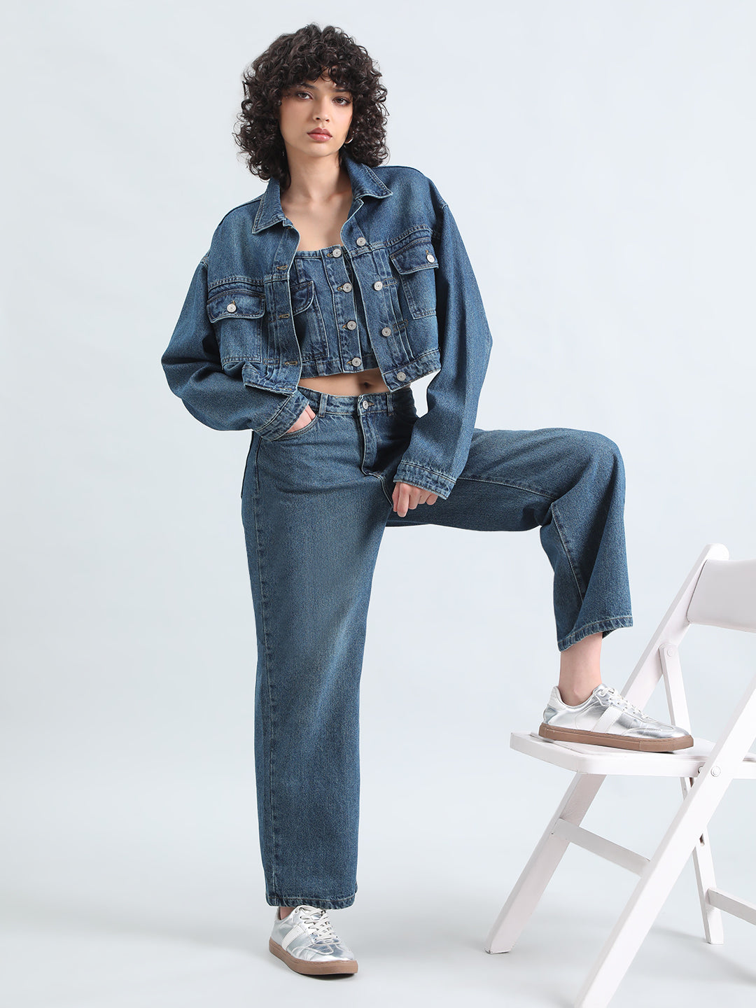 Women's Blue Denim Bustier Top and Jeans with Cropped Jacket Co-Ord Set