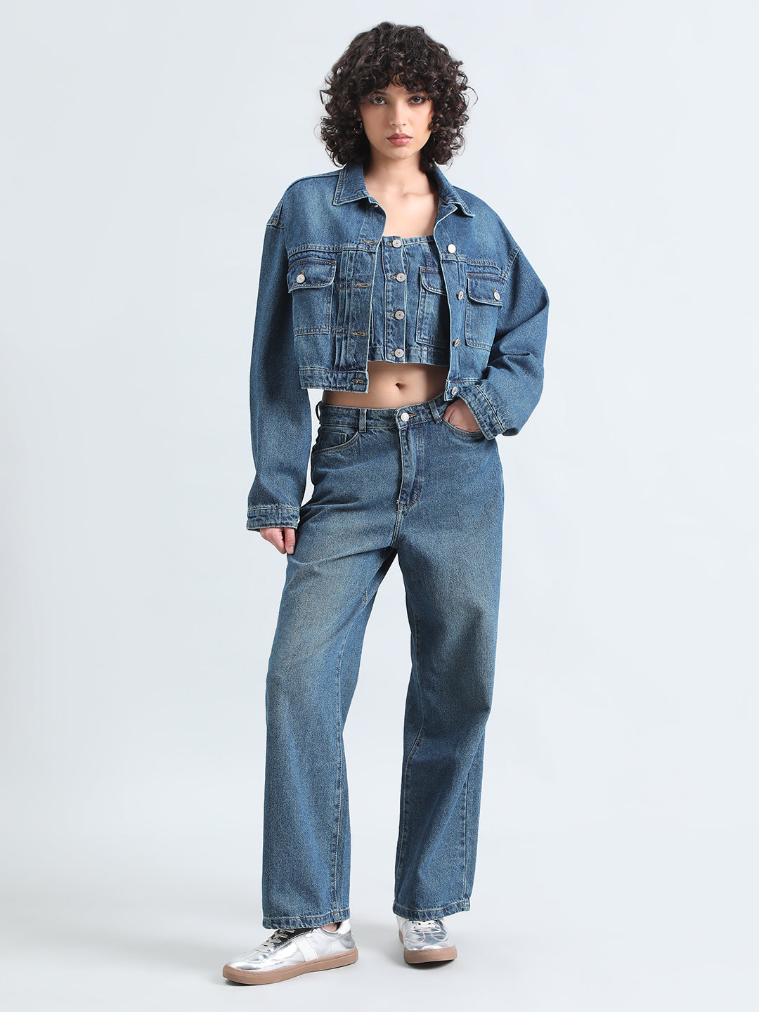 Women's Blue Denim Bustier Top and Jeans with Cropped Jacket Co-Ord Set