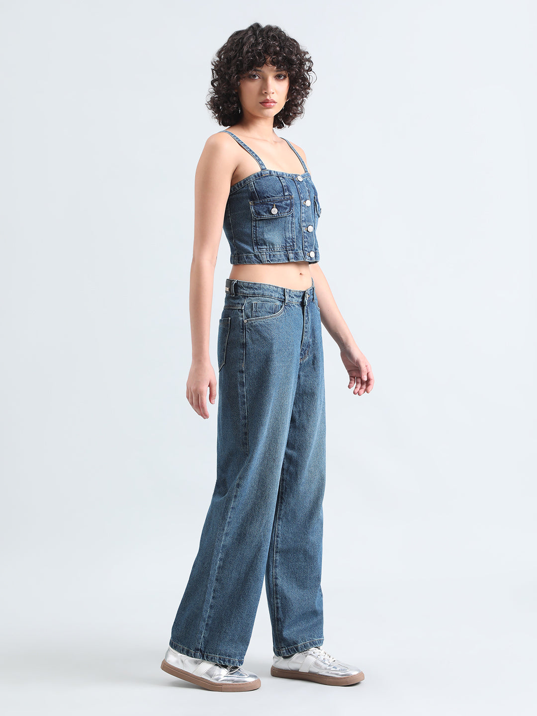 Women's Blue Denim Bustier Top and Jeans with Cropped Jacket Co-Ord Set