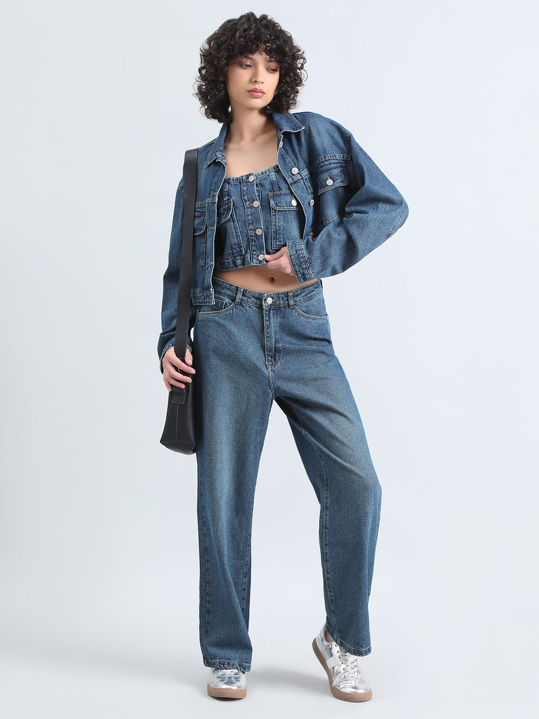 Women's Blue Denim Bustier Top and Jeans with Cropped Jacket Co-Ord Set