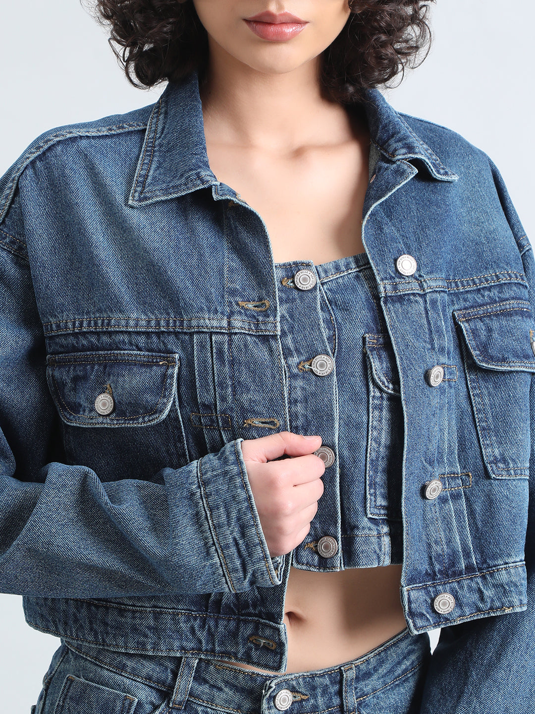 Women's Blue Denim Bustier Top and Jeans with Cropped Jacket Co-Ord Set