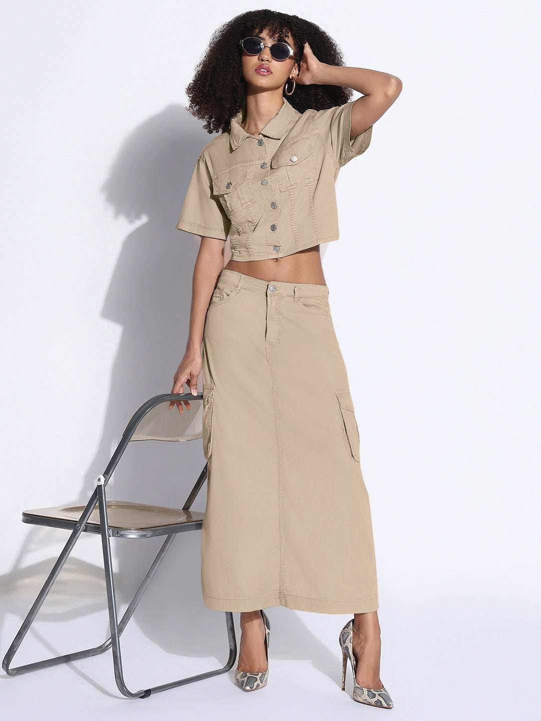 Women's Beige Denim Crop Shirt and Cargo Skirt Co-Ord Set