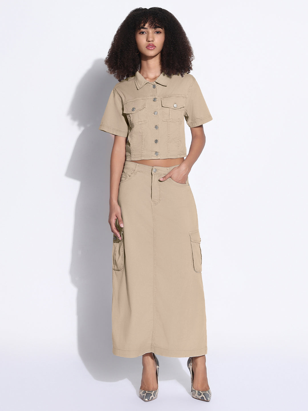 Women's Beige Denim Crop Shirt and Cargo Skirt Co-Ord Set