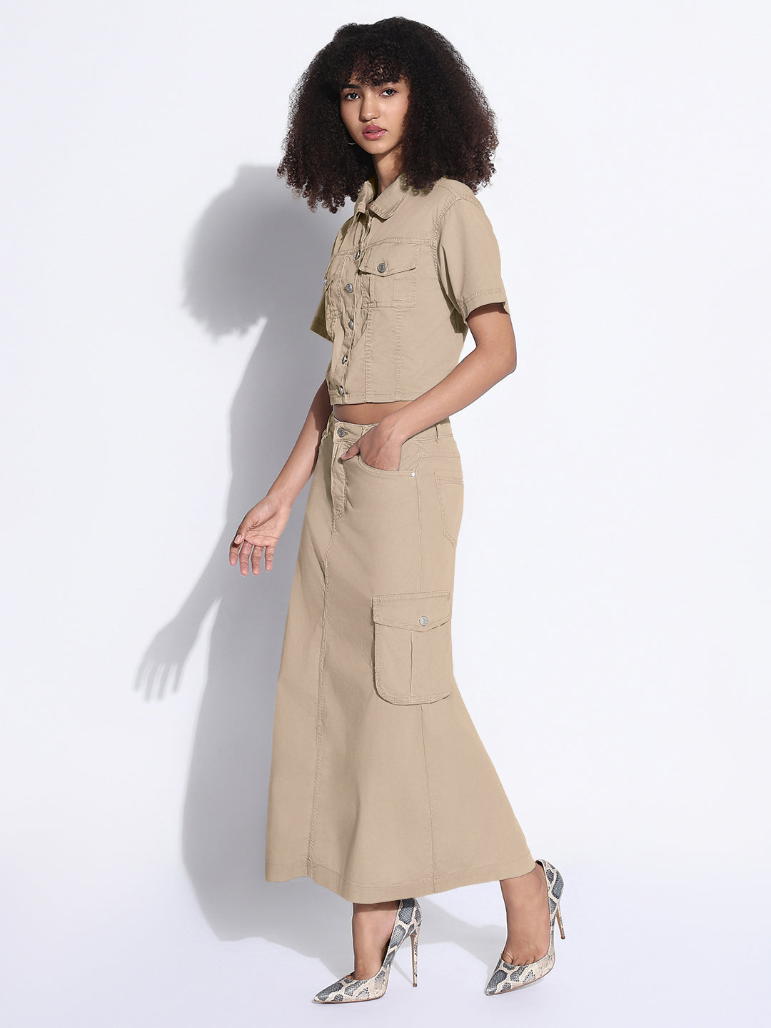 Women's Beige Denim Crop Shirt and Cargo Skirt Co-Ord Set