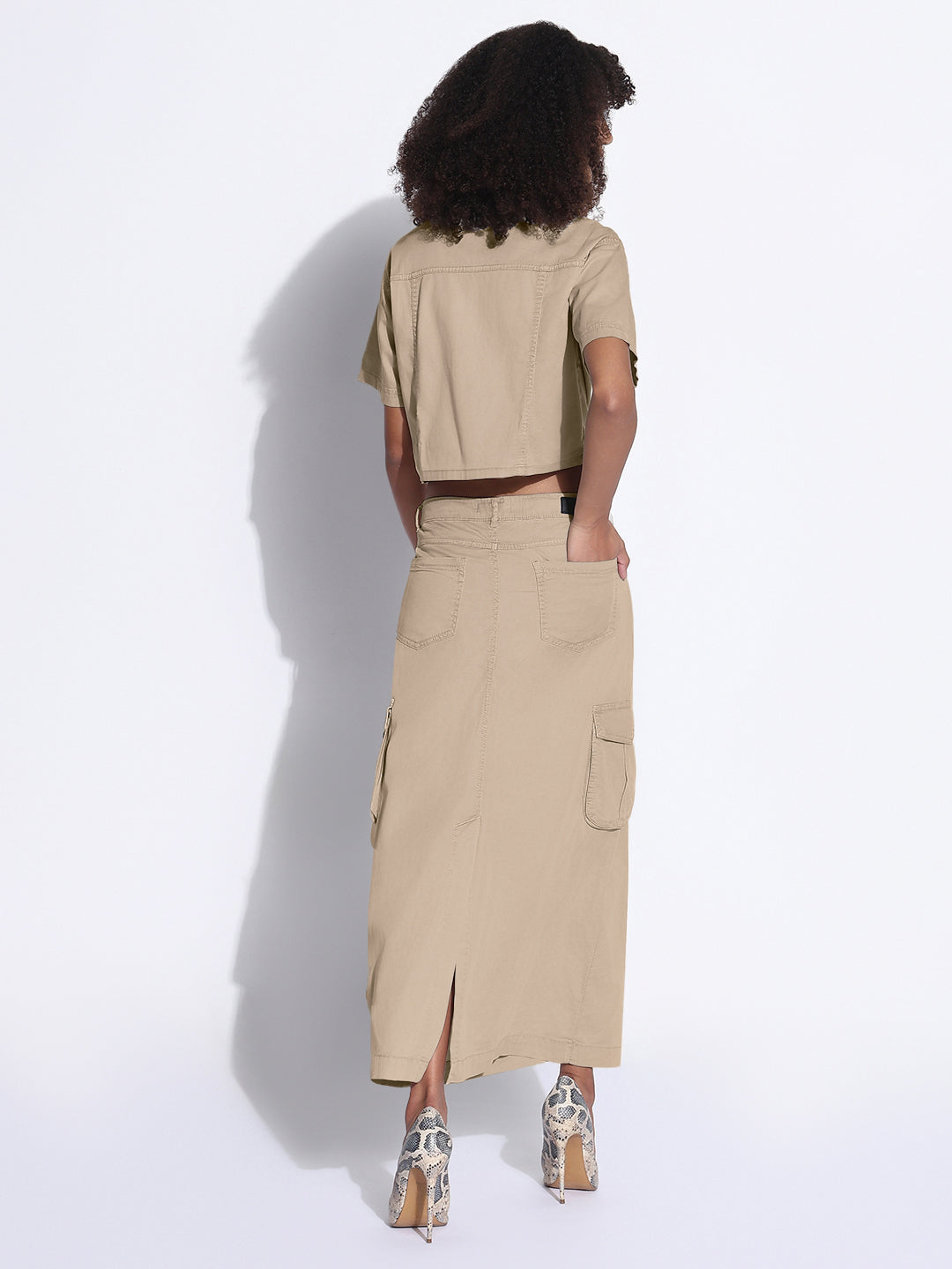 Women's Beige Denim Crop Shirt and Cargo Skirt Co-Ord Set