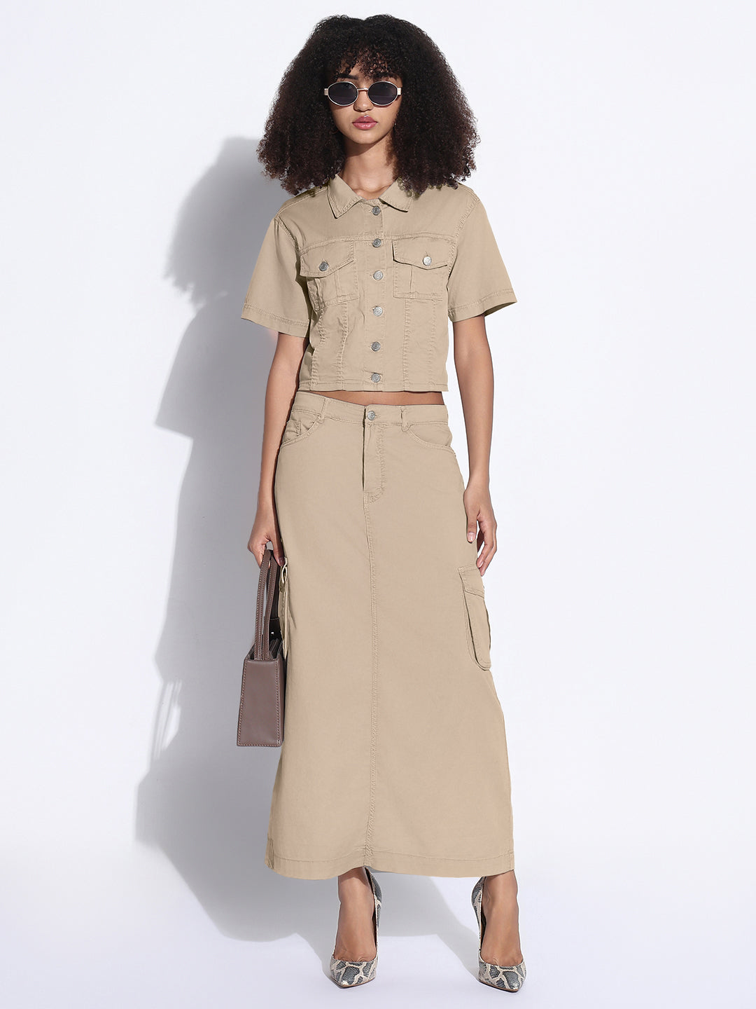 Women's Beige Denim Crop Shirt and Cargo Skirt Co-Ord Set
