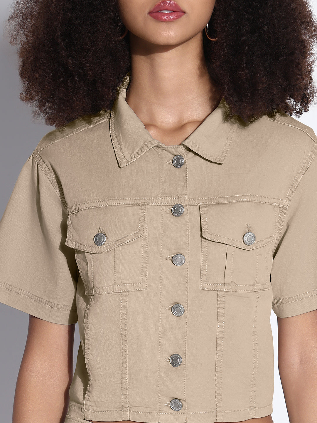 Women's Beige Denim Crop Shirt and Cargo Skirt Co-Ord Set