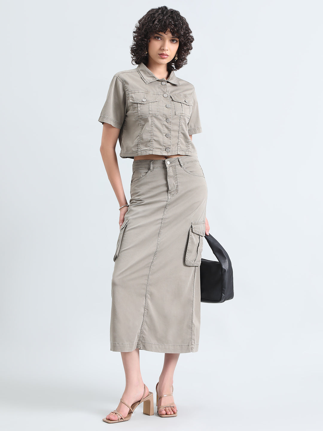 Women's Grey Denim Crop Shirt and Cargo Skirt Co-Ord Set