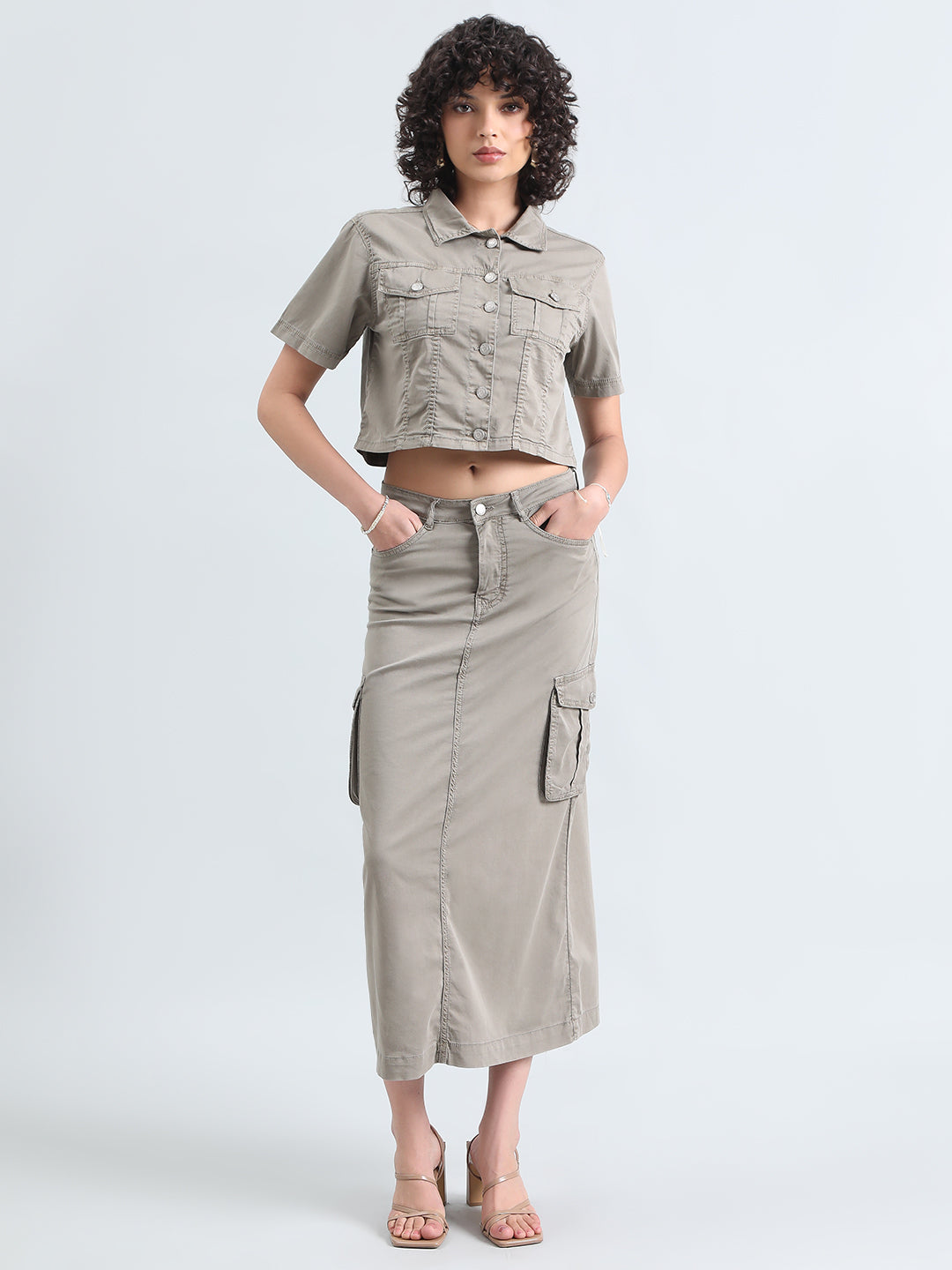 Women's Grey Denim Crop Shirt and Cargo Skirt Co-Ord Set