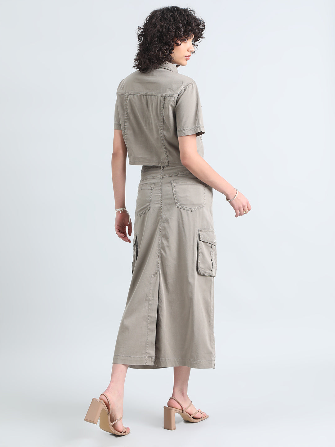 Women's Grey Denim Crop Shirt and Cargo Skirt Co-Ord Set
