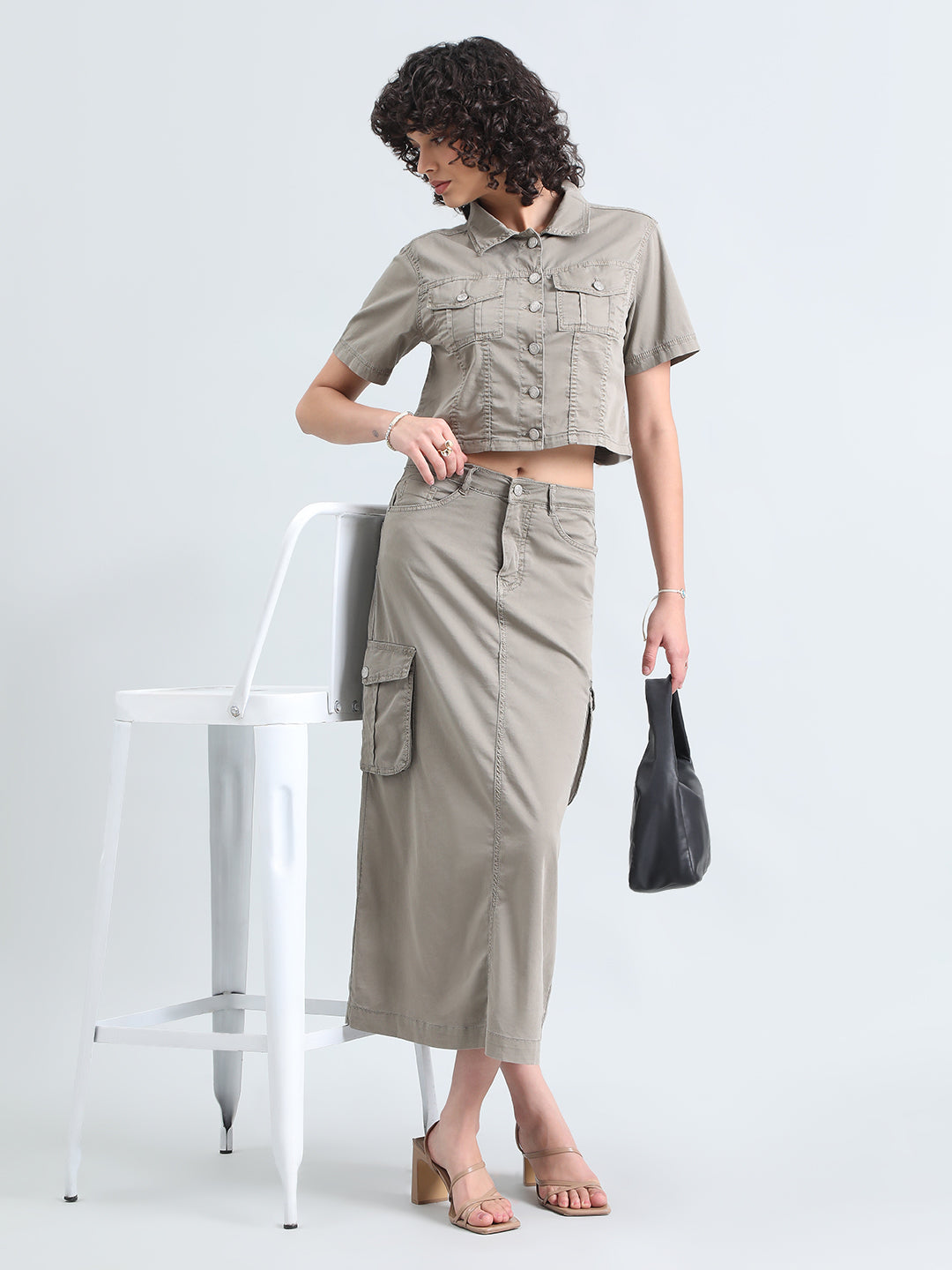 Women's Grey Denim Crop Shirt and Cargo Skirt Co-Ord Set