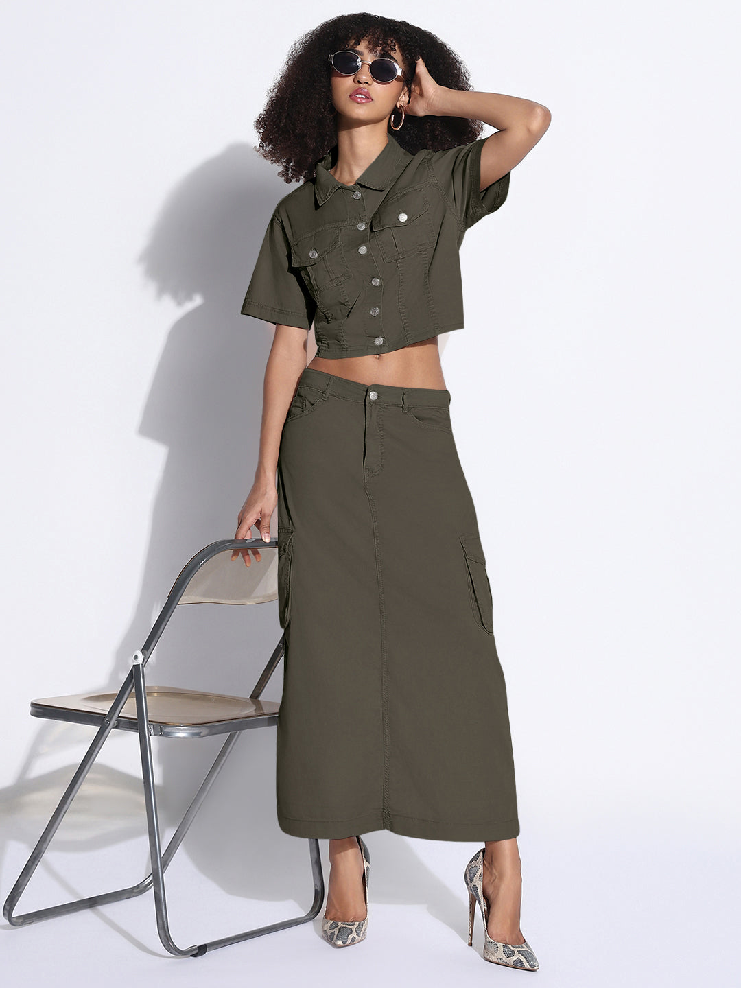 Women's Olive Denim Crop Shirt and Cargo Skirt Co-Ord Set