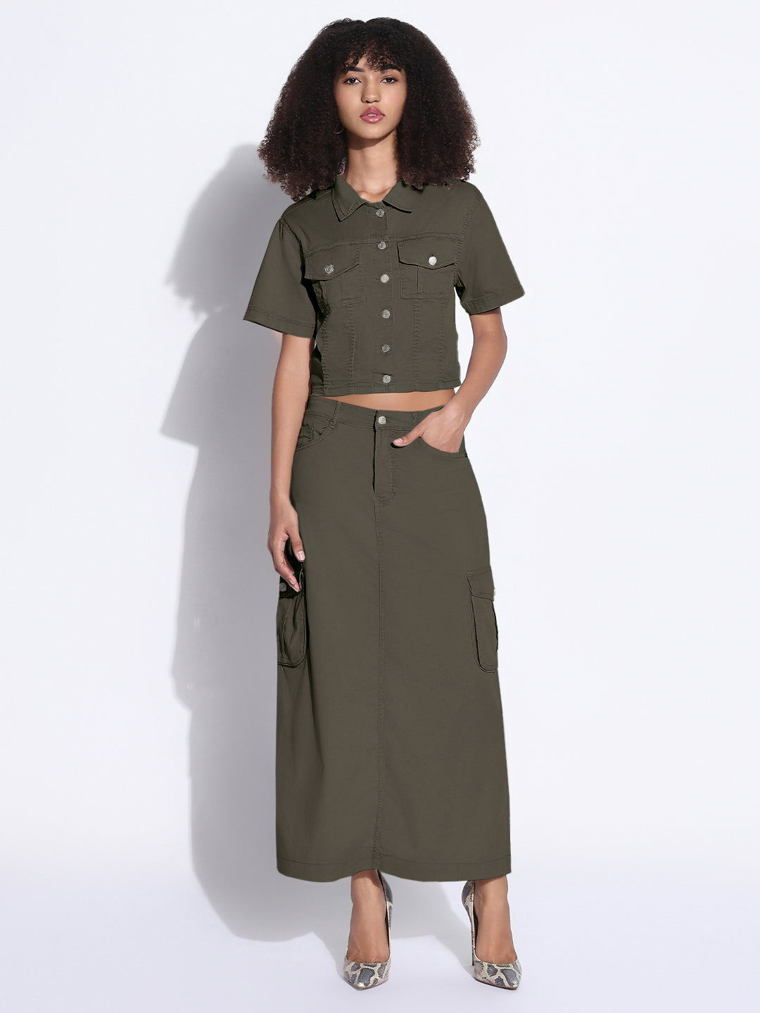 Women's Olive Denim Crop Shirt and Cargo Skirt Co-Ord Set