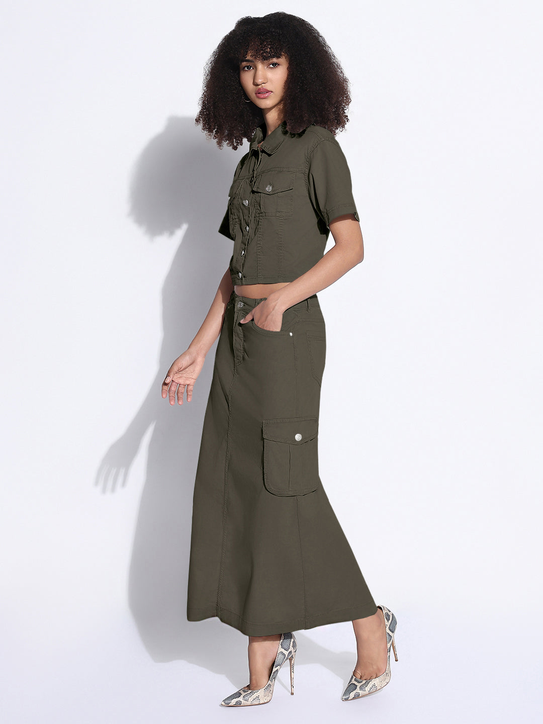 Women's Olive Denim Crop Shirt and Cargo Skirt Co-Ord Set