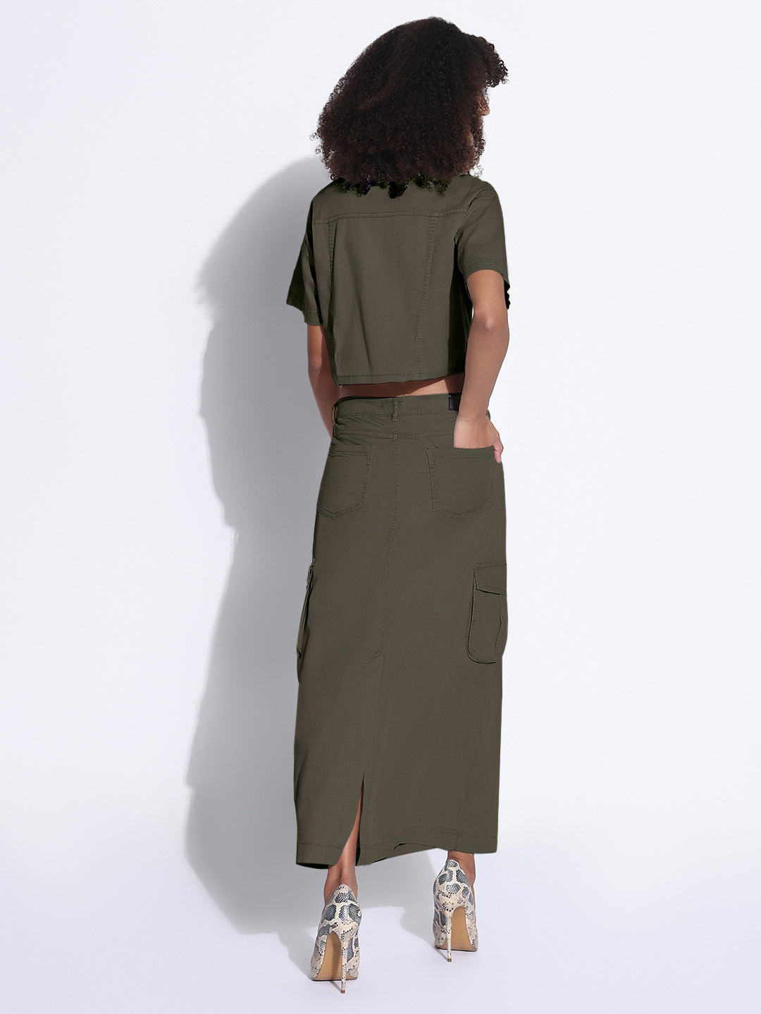 Women's Olive Denim Crop Shirt and Cargo Skirt Co-Ord Set