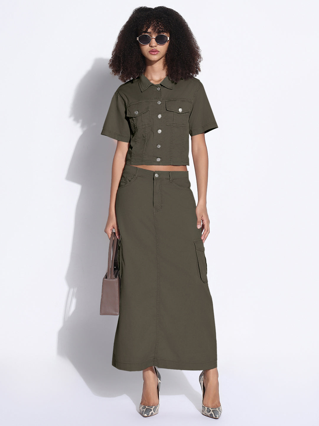 Women's Olive Denim Crop Shirt and Cargo Skirt Co-Ord Set