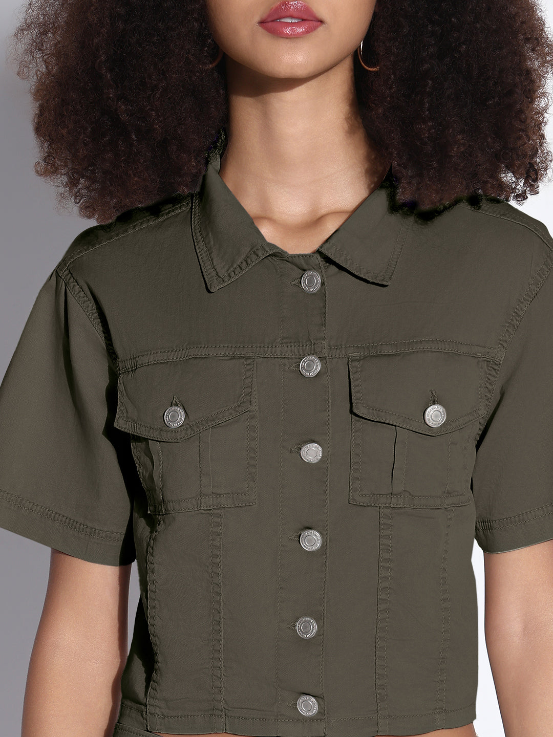 Women's Olive Denim Crop Shirt and Cargo Skirt Co-Ord Set