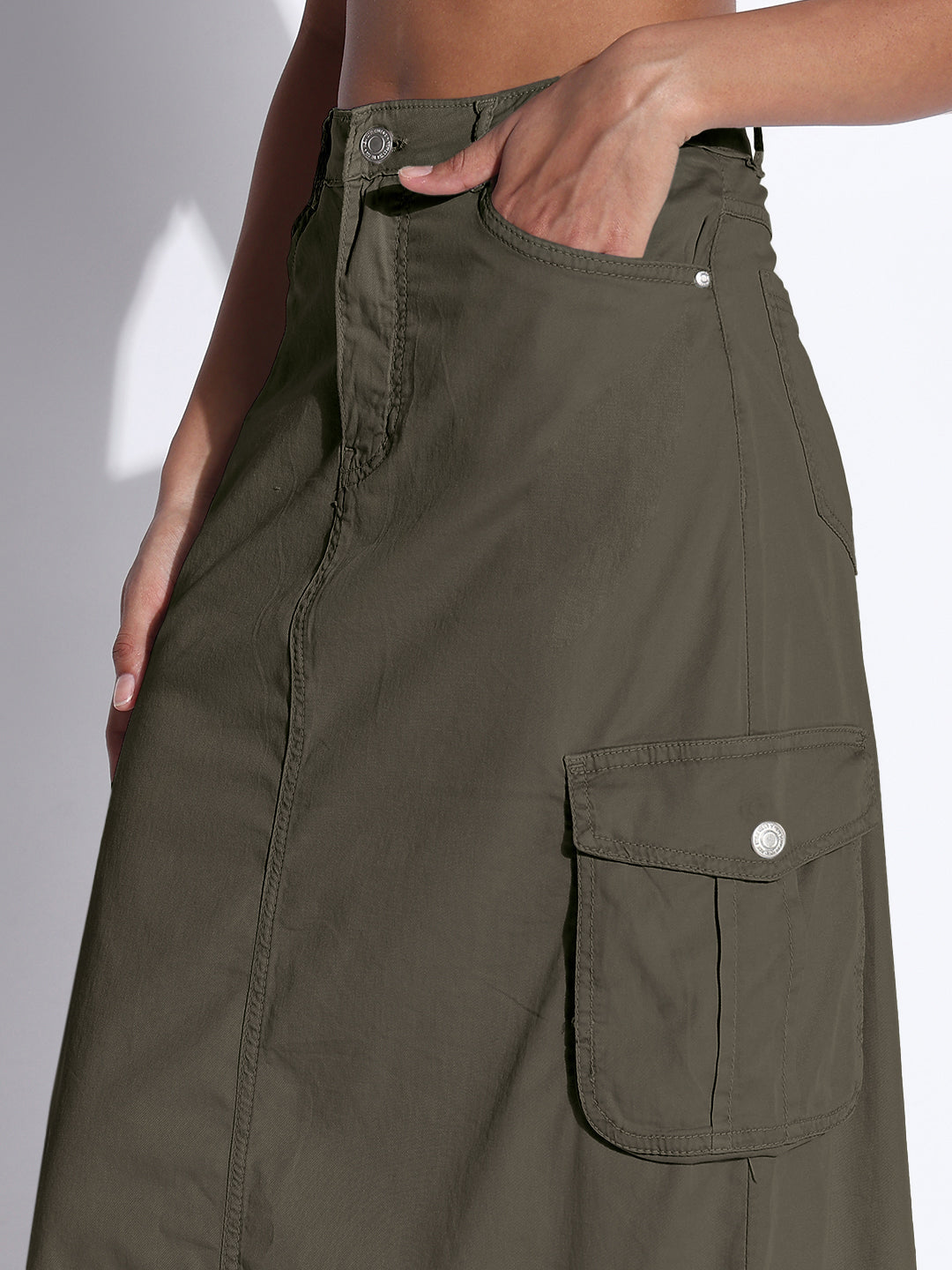 Women's Olive Denim Crop Shirt and Cargo Skirt Co-Ord Set