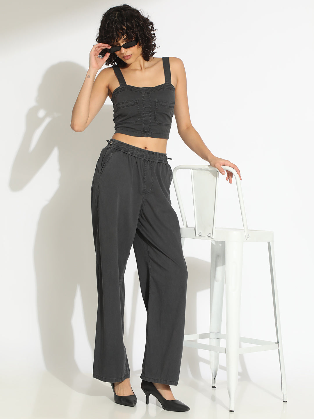 Women's Grey Crop Top and Trouser Co-Ord Set