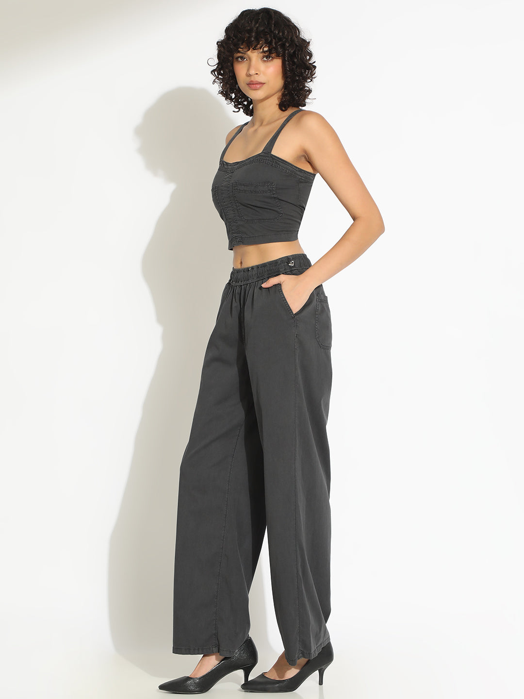 Women's Grey Crop Top and Trouser Co-Ord Set