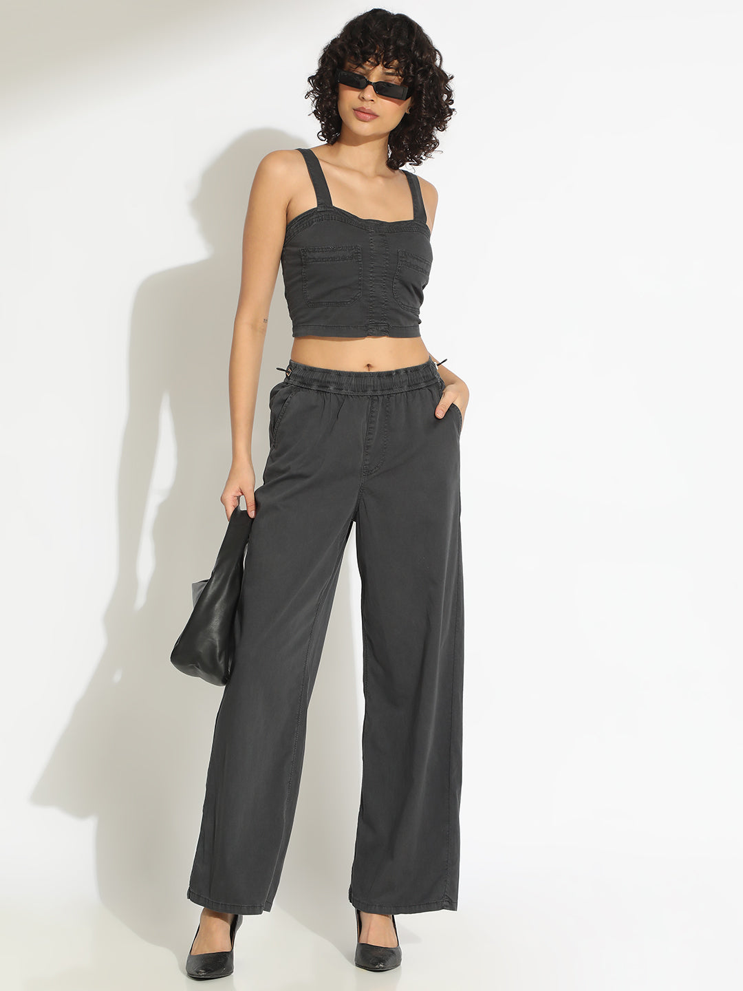Women's Grey Crop Top and Trouser Co-Ord Set