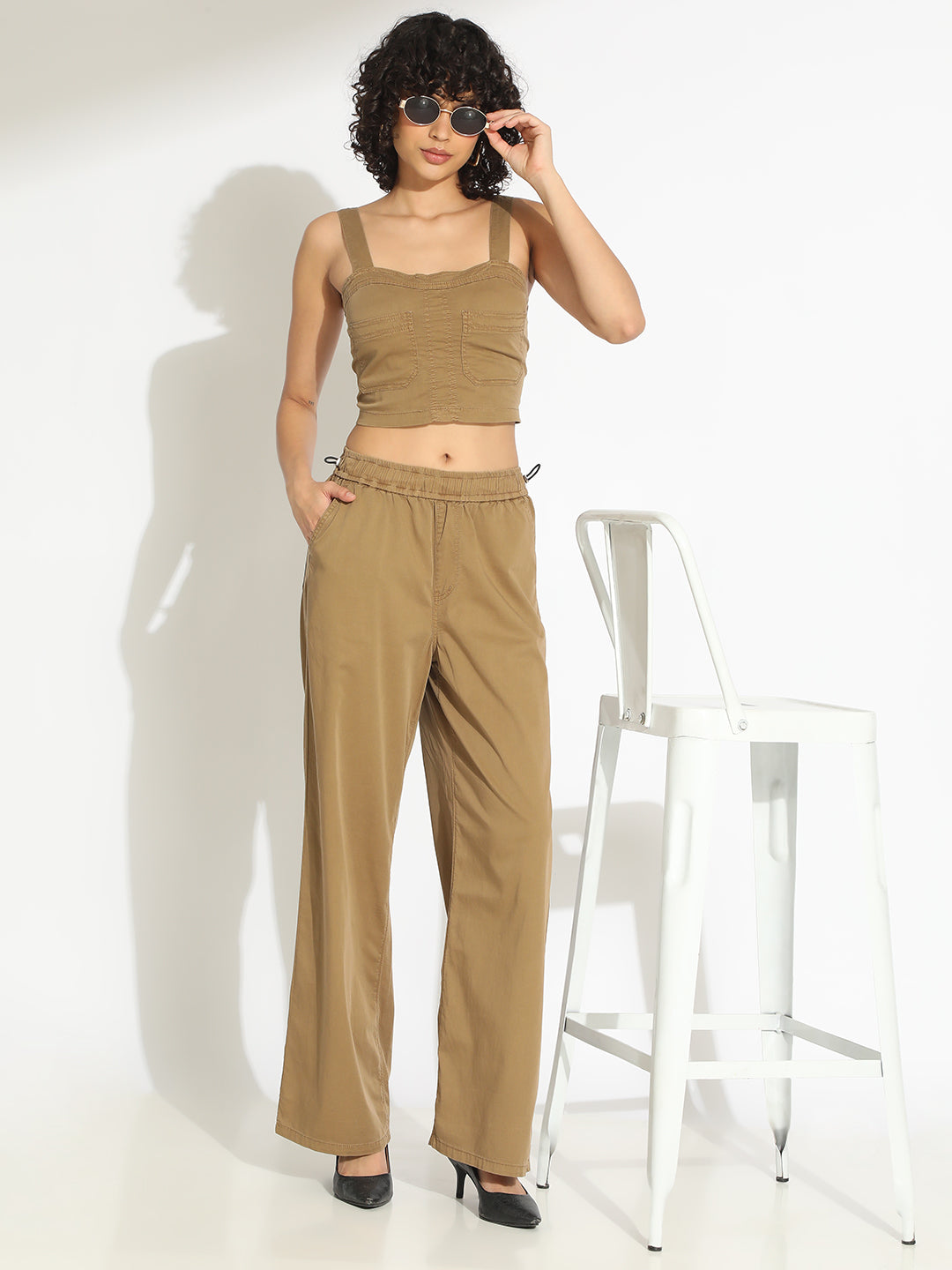 Women's Khaki Crop Top and Trouser Co-Ord Set