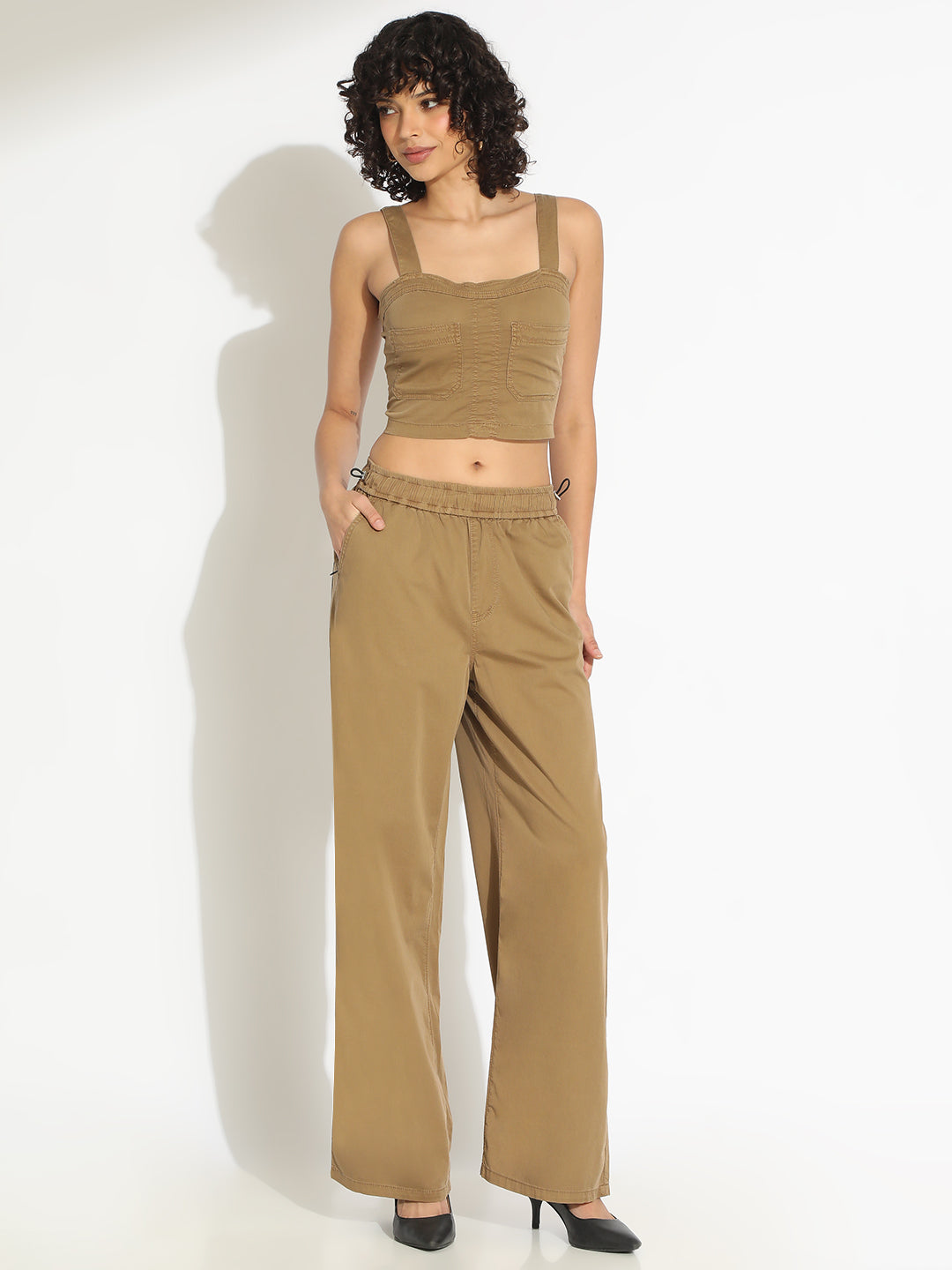 Women's Khaki Crop Top and Trouser Co-Ord Set