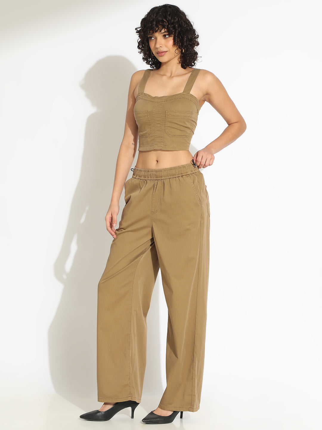 Women's Khaki Crop Top and Trouser Co-Ord Set