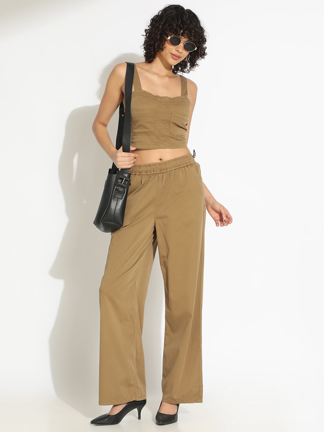 Women's Khaki Crop Top and Trouser Co-Ord Set