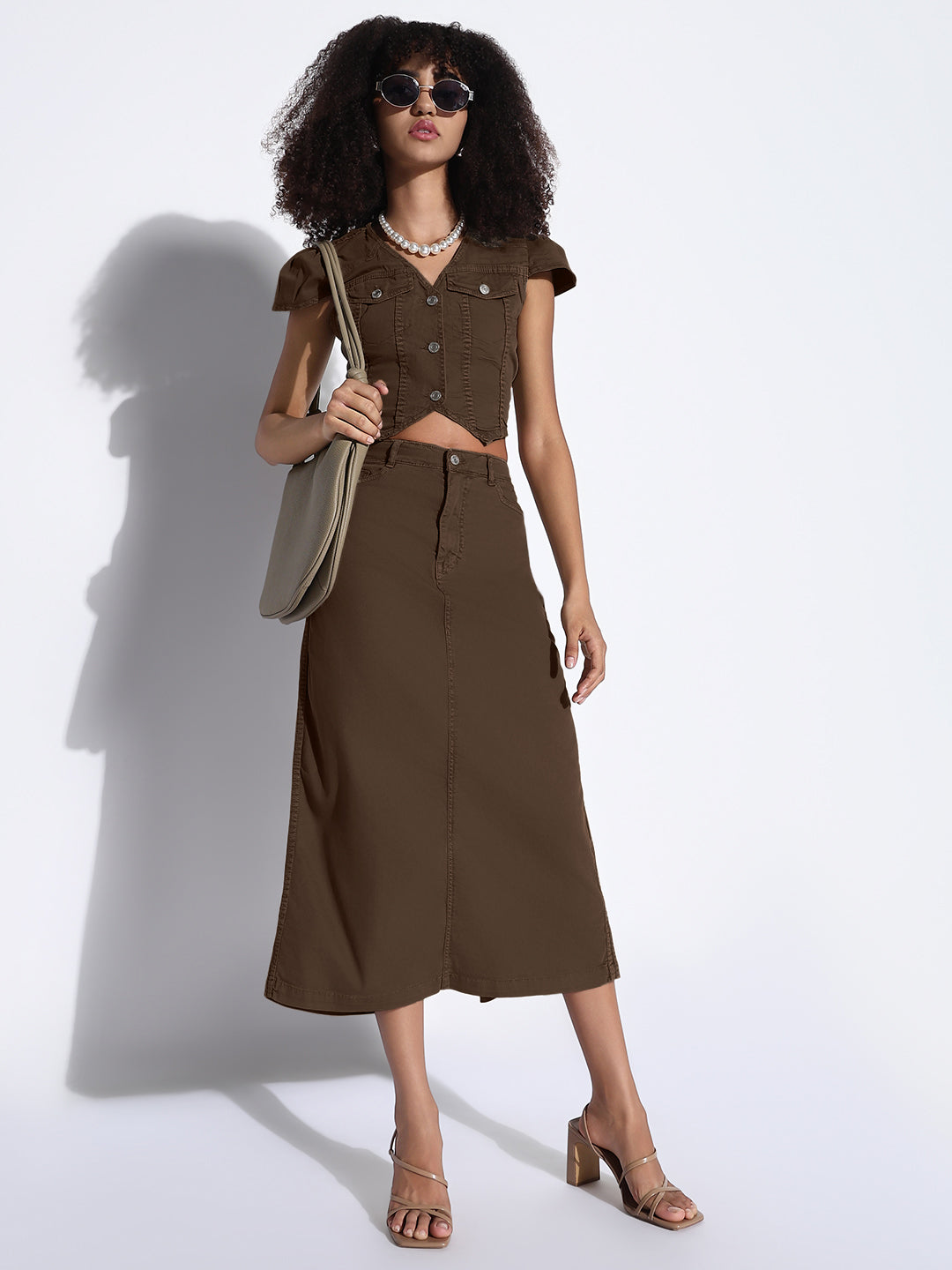 Women's Brown Asymmetric Denim Crop Shirt and Cargo Skirt Co-Ord Set