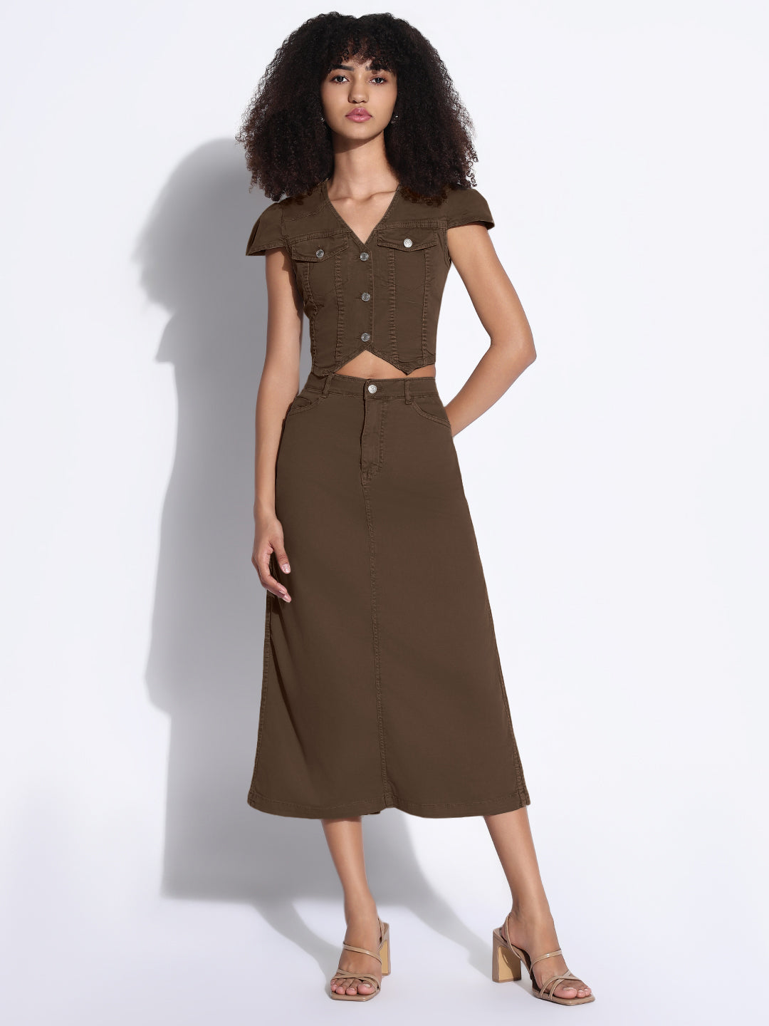 Women's Brown Asymmetric Denim Crop Shirt and Cargo Skirt Co-Ord Set
