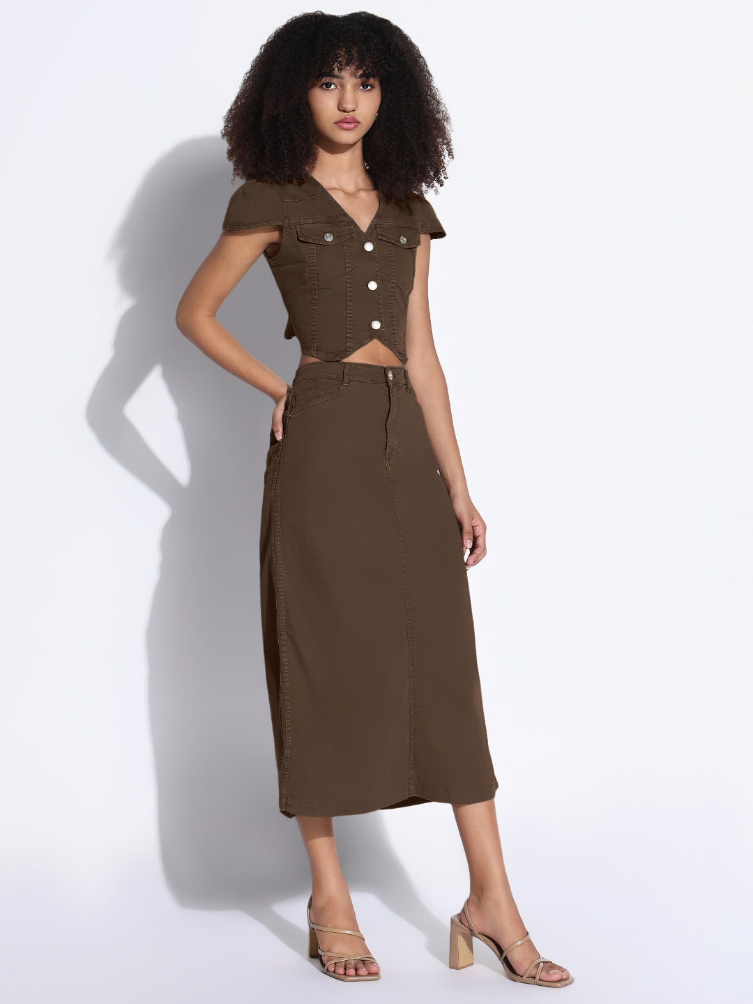 Women's Brown Asymmetric Denim Crop Shirt and Cargo Skirt Co-Ord Set