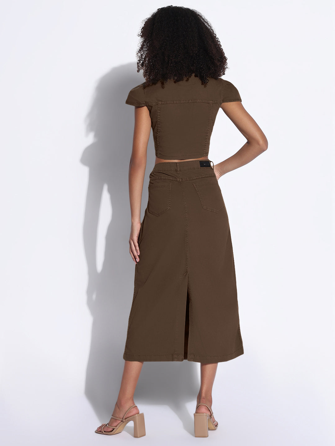Women's Brown Asymmetric Denim Crop Shirt and Cargo Skirt Co-Ord Set