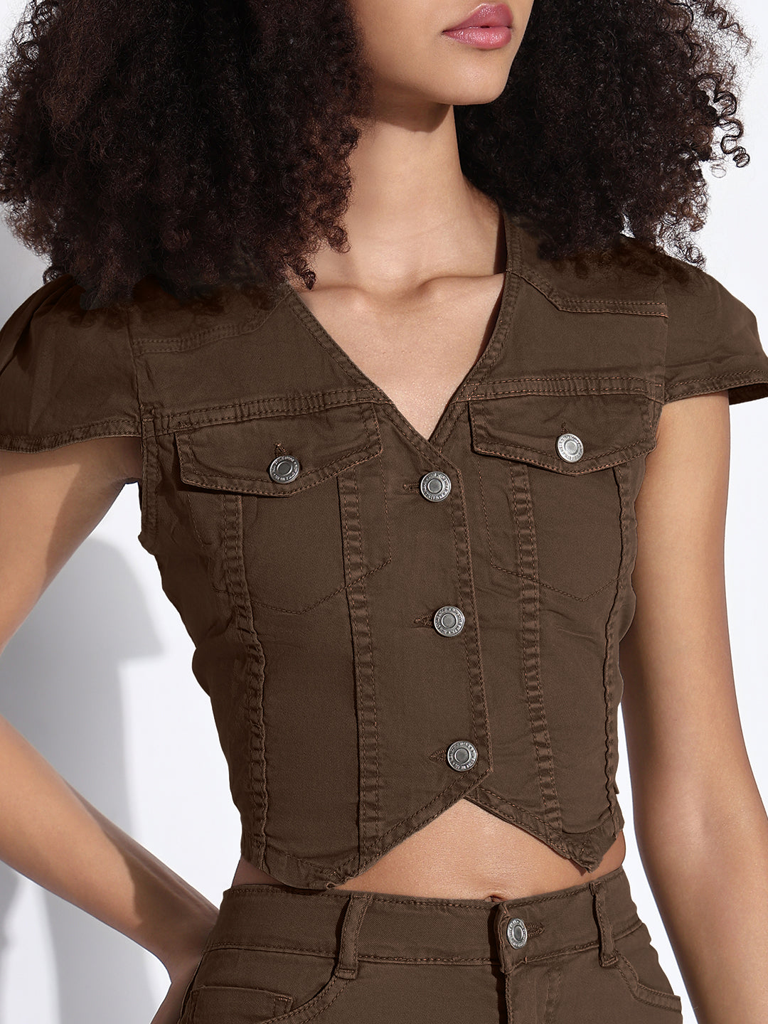 Women's Brown Asymmetric Denim Crop Shirt and Cargo Skirt Co-Ord Set