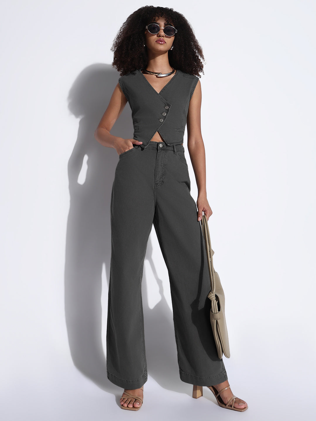 Women's Grey Assymetric Vest Crop Top and Trouser Co-Ord Set