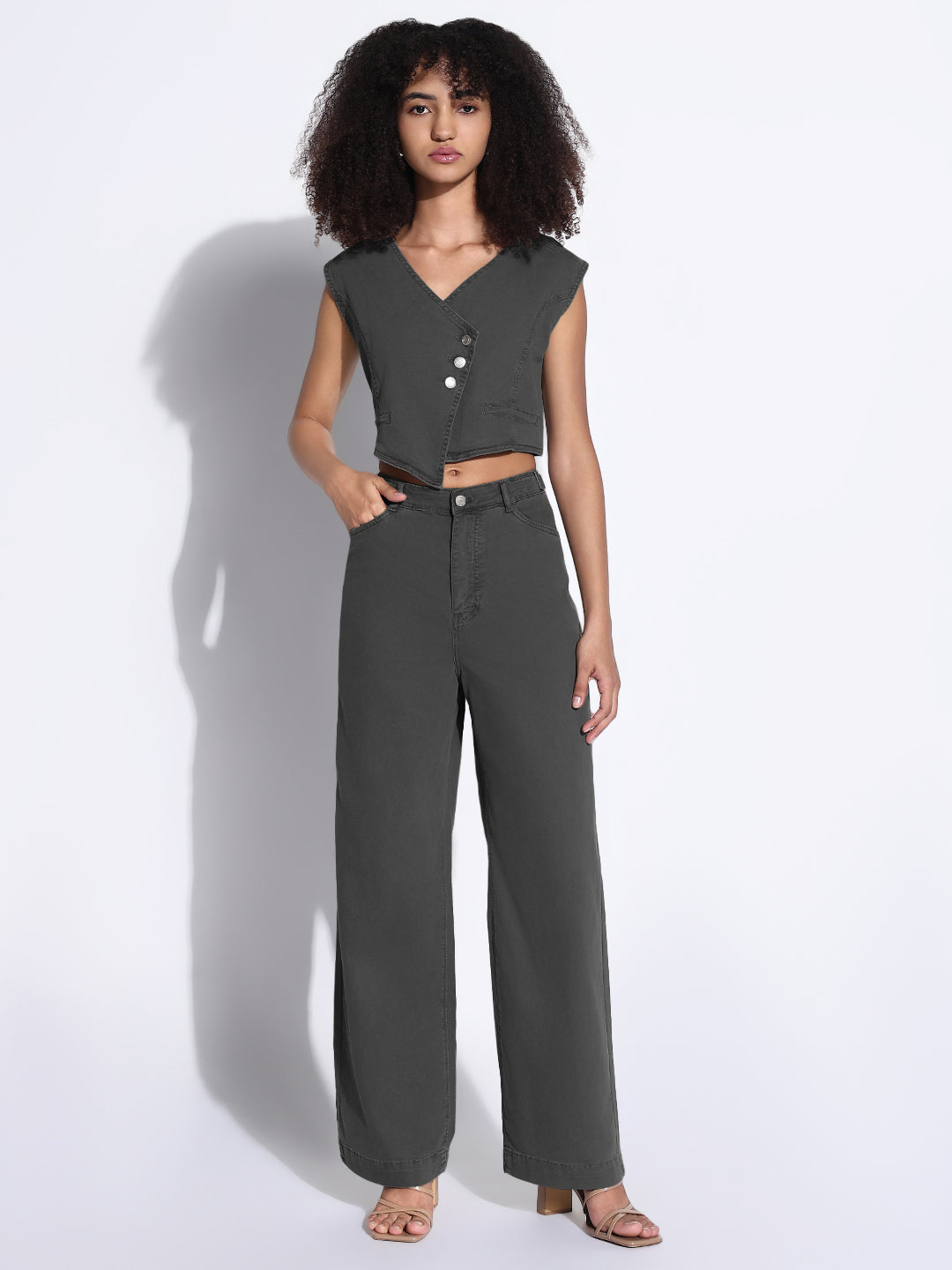 Women's Grey Assymetric Vest Crop Top and Trouser Co-Ord Set