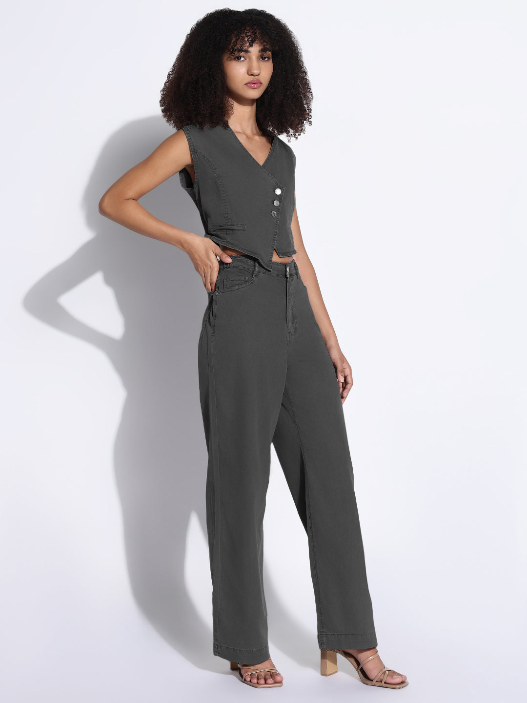 Women's Grey Assymetric Vest Crop Top and Trouser Co-Ord Set