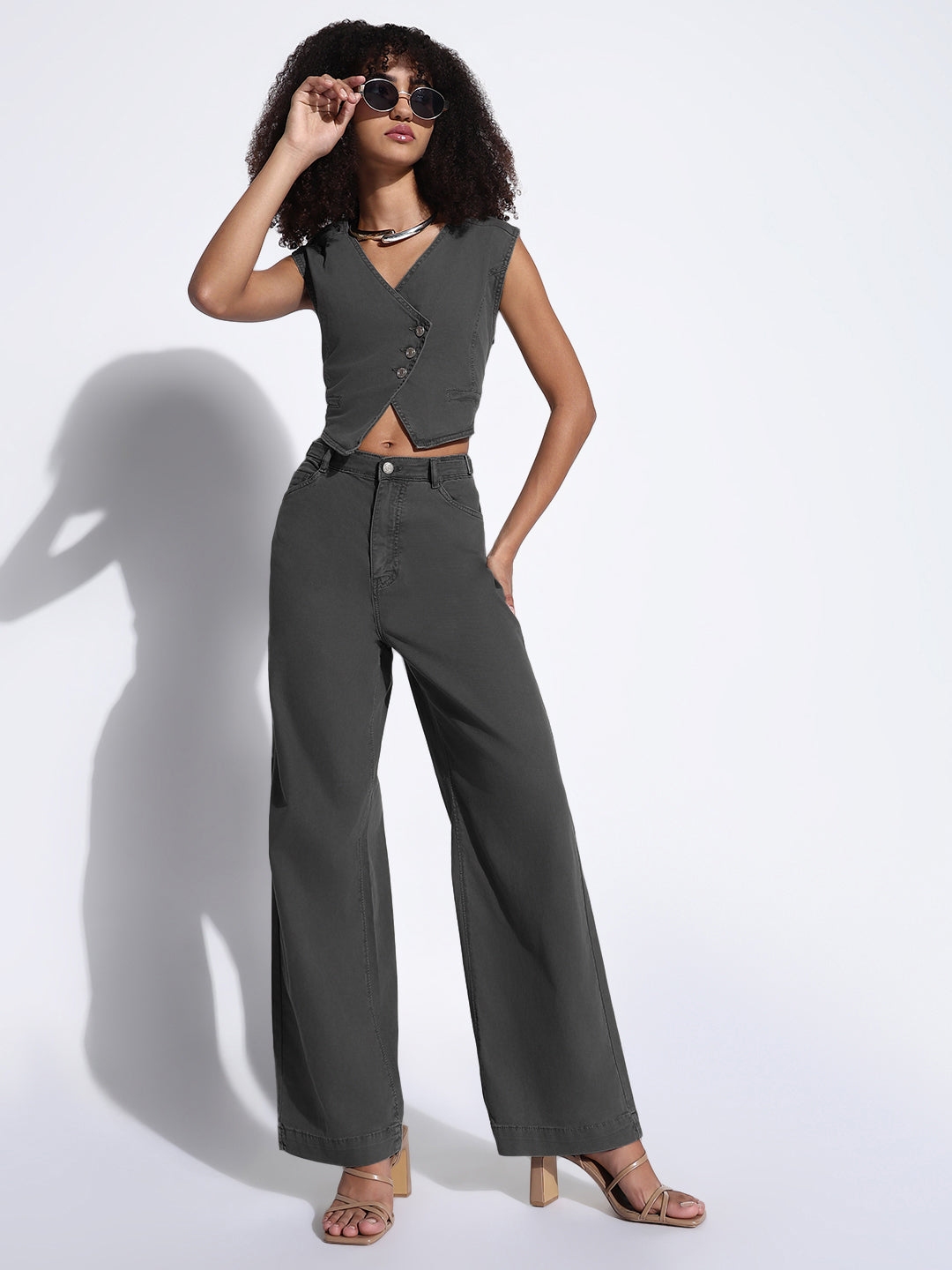 Women's Grey Assymetric Vest Crop Top and Trouser Co-Ord Set