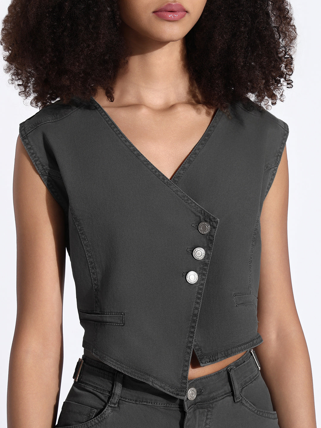 Women's Grey Assymetric Vest Crop Top and Trouser Co-Ord Set