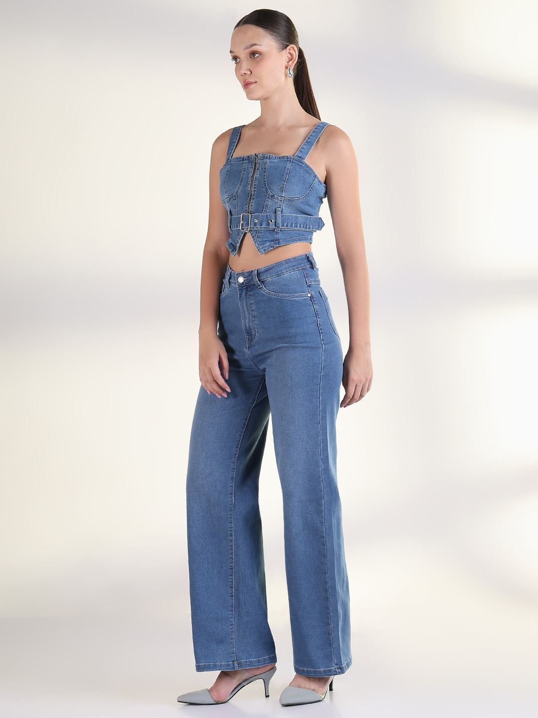 Women's Solid Blue Co-Ords Set with Fabric Belt