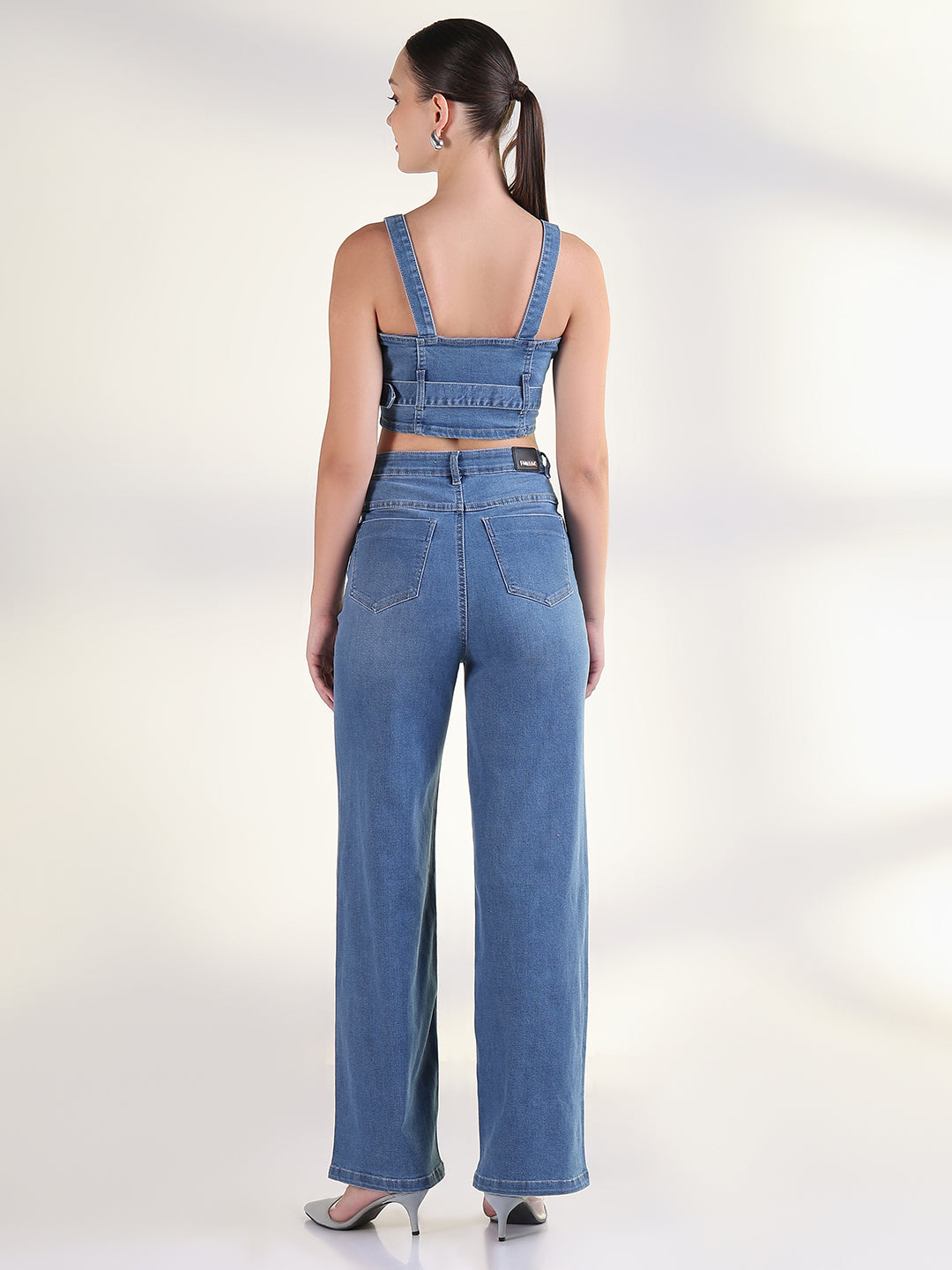 Women's Solid Blue Co-Ords Set with Fabric Belt