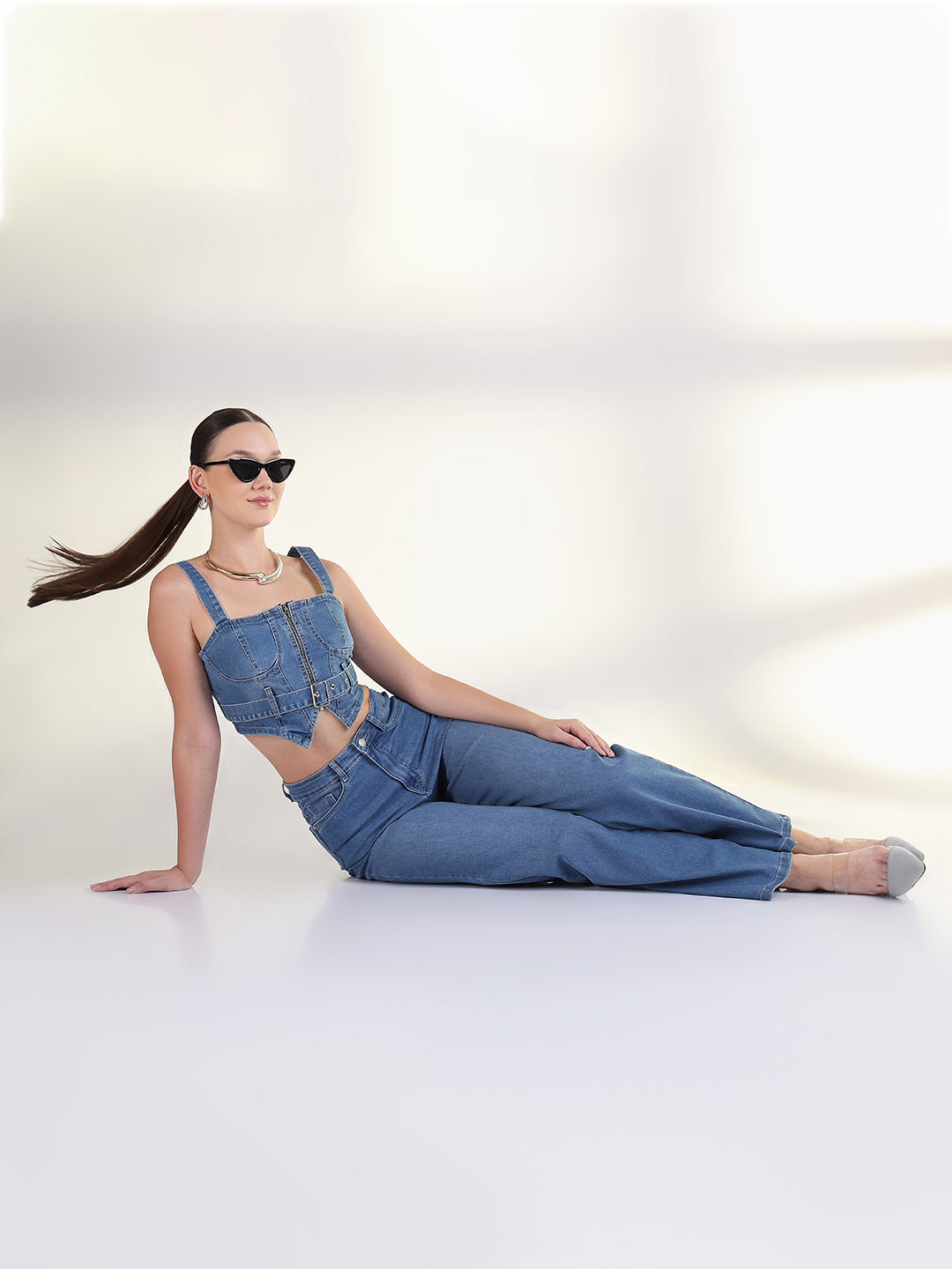 Women's Solid Blue Co-Ords Set with Fabric Belt