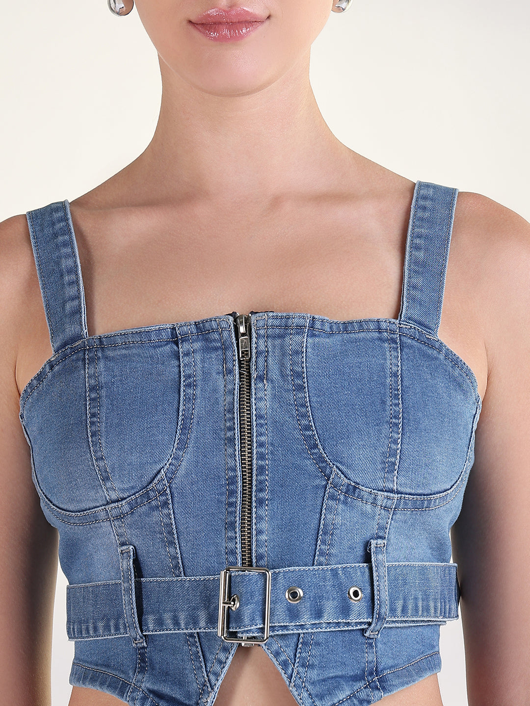 Women's Solid Blue Co-Ords Set with Fabric Belt