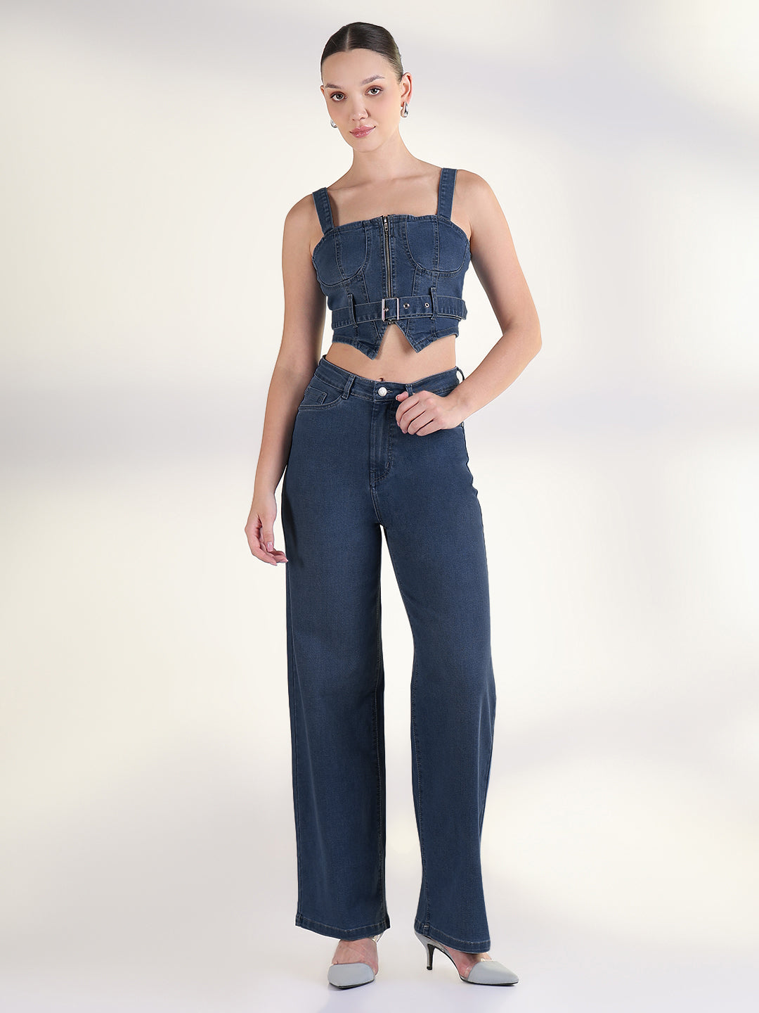 Women's Navy Blue Denim Corset Top & Wide Leg Jeans Co-ords Set with Belt